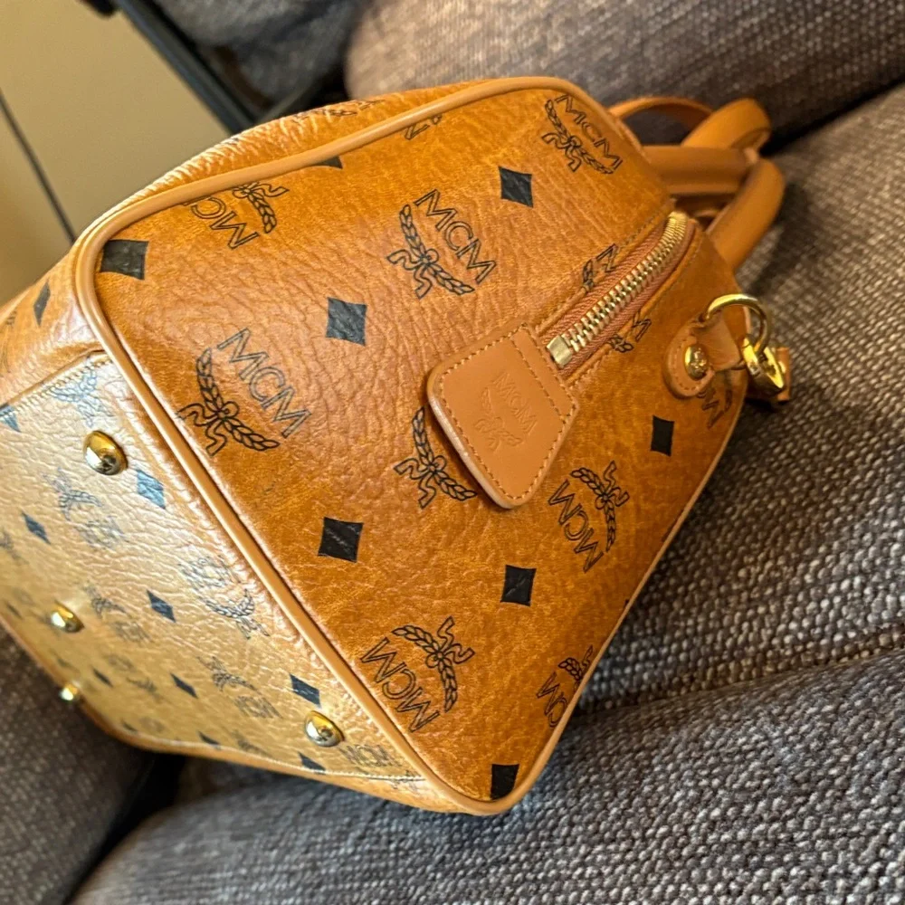 MCM Cognac Visetos Boston Bag with Strap